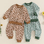 Pudcoco Ținute de toamnă pentru bebeluș fetiță, cu imprimeu floral, cu decolteu, cu mânecă lungă, hanorace și pantaloni lungi, set de haine 2 buc 0-3T