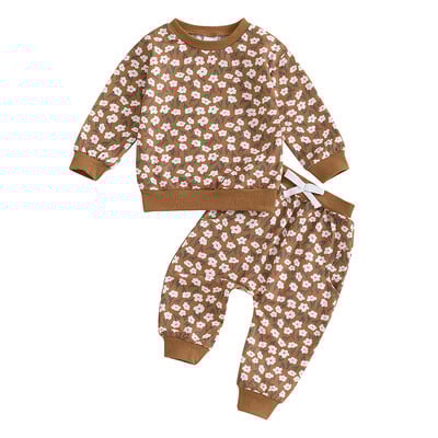 Pudcoco Ținute de toamnă pentru bebeluș fetiță, cu imprimeu floral, cu decolteu, cu mânecă lungă, hanorace și pantaloni lungi, set de haine 2 buc 0-3T