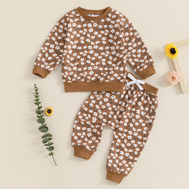 Pudcoco Ținute de toamnă pentru bebeluș fetiță, cu imprimeu floral, cu decolteu, cu mânecă lungă, hanorace și pantaloni lungi, set de haine 2 buc 0-3T