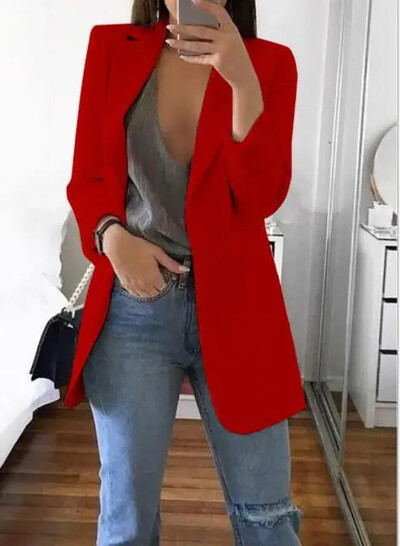 Dámske tenké sako s dlhým rukávom a klopou, ležérne kardigan, ležérne topy, tenké sako, kancelárska sáčka, klopa