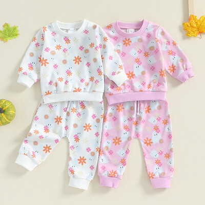 Pudcoco Toddler Baby Girls Halloween ruhák Virágos Ghost Print hosszú ujjú pulóver elasztikus nadrág szett baba aranyos ruhák 3M-3T