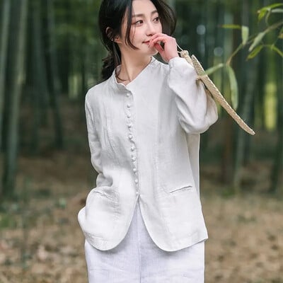 Retro kínai stílusú pamut vászon öltöny dzseki női blúz 2024 új divat tavaszi őszi vékony kabát felsőruházat Casaco Feminino