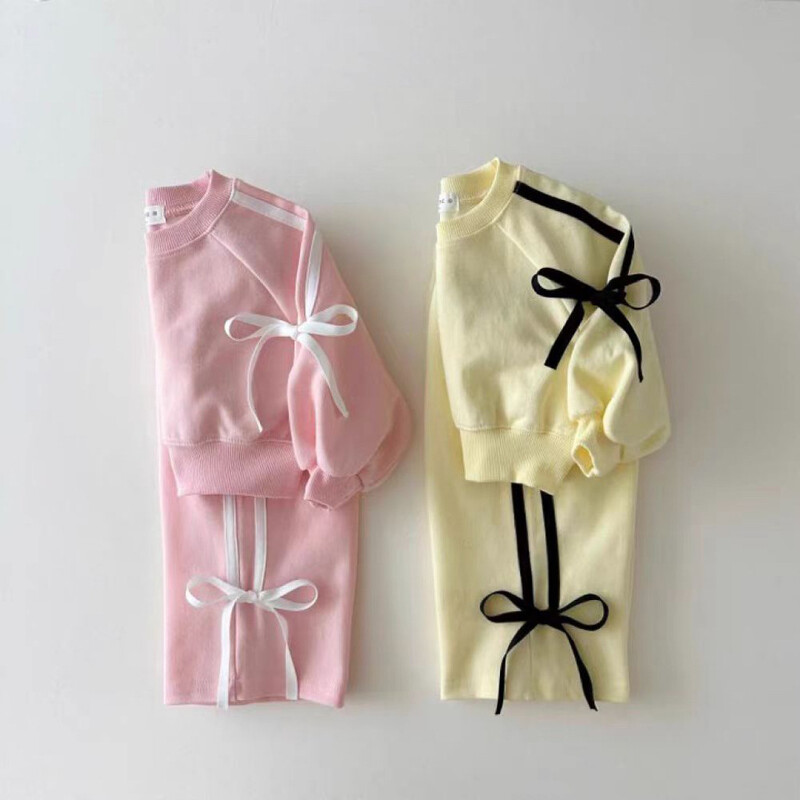 2024 Ανοιξιάτικη φθινοπωρινή αθλητική φόρμα για κορίτσια Παιδικά φιόγκος ριγέ μάτισμα μακρυμάνικο μπλουζάκια+ παντελόνι 2 τμχ Σετ μωρό μωρό βαμβακερό φούτερ