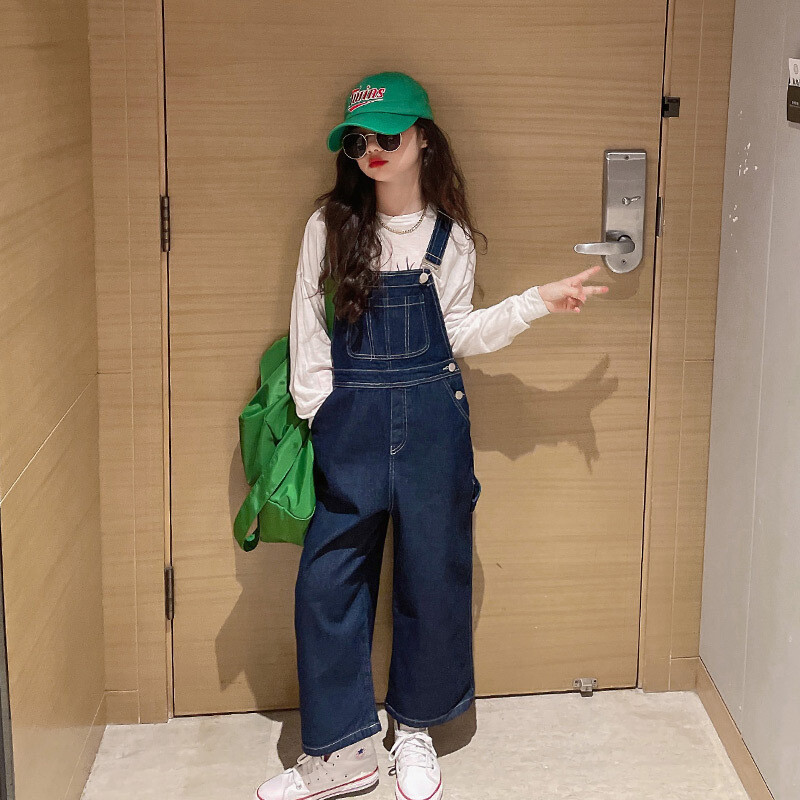 Пролет Есен Тиранти Дънки Панталони с лигавник 2023 г. Детски гащеризон в корейски стил за момичета Дънков дънков гащеризон Тийнейджъри от 4 до 16 години