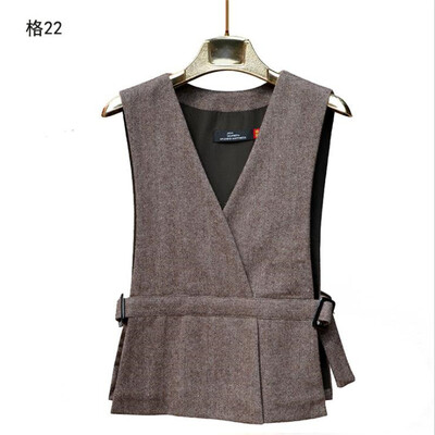 Kórejský štíhly jarný 40% vlnený oblek pre ženy, elegantný pruhovaný opasok, bez rukávov, vrchné oblečenie, dámske sako, vesta, veľkosť S-5XL