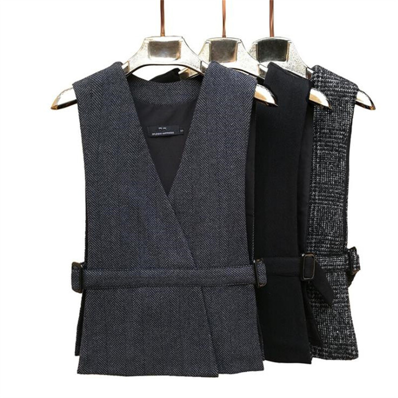 Kórejský štíhly jarný 40% vlnený oblek pre ženy, elegantný pruhovaný opasok, bez rukávov, vrchné oblečenie, dámske sako, vesta, veľkosť S-5XL