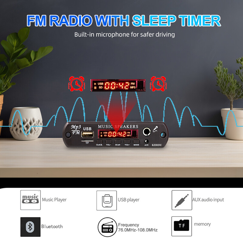 DC 12V Bluetooth 5.3 MP3 WMA APE dekoderio lenta 60W stiprintuvas Laikrodis Laikrodis 6.5MM mikrofono lizdas USB TF FM radijas automobilinis MP3 grotuvas