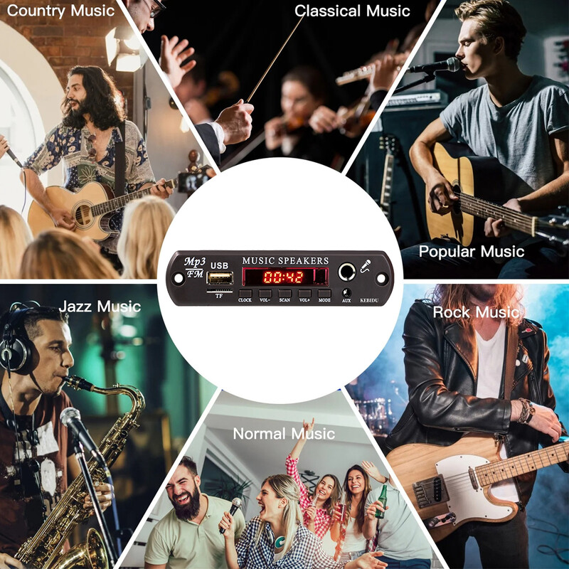 DC 12V Bluetooth 5.3 MP3 WMA APE dekoderio lenta 60W stiprintuvas Laikrodis Laikrodis 6.5MM mikrofono lizdas USB TF FM radijas automobilinis MP3 grotuvas