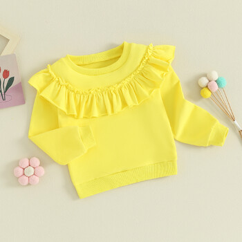 Pudcoco Toddler Kids Baby Girl Ruffle Φούτερ Μακρυμάνικα, στρογγυλά μονόχρωμα πουλόβερ άνοιξη 9M-4T