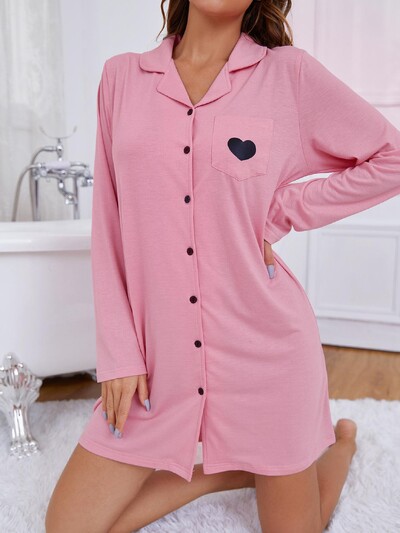 Γυναικείο νυχτικό με οδοντωτό γιακά Boy Friend Nightwear Πουκάμισο μακρύ μανίκι Sleepwear μπροστινό κουμπί Κοστούμι σπιτιού Πανί