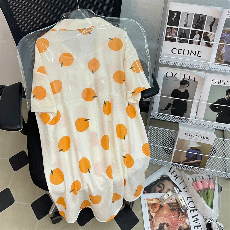 Švieži ir saldūs maži oranžiniai moteriški marškiniai naktinis sijonas animacinių filmų spausdinimas Y2k moteriški naktiniai marškiniai 2024 m. Naujas burbulinis medvilninis namas miegamasis sijonas