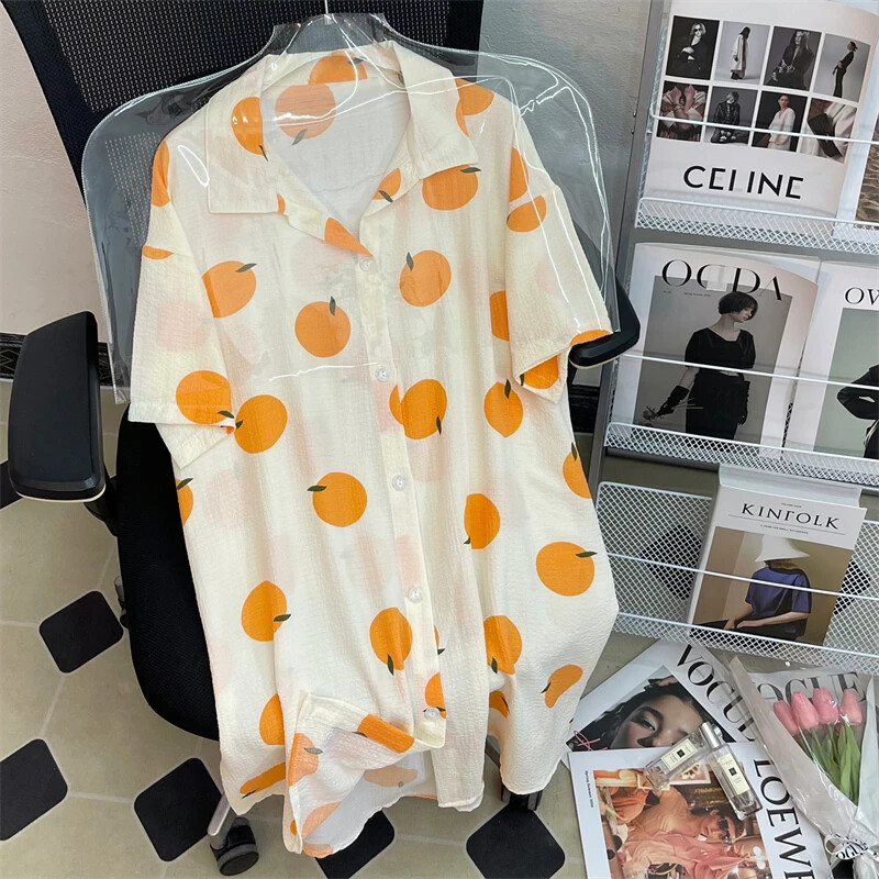 Švieži ir saldūs maži oranžiniai moteriški marškiniai naktinis sijonas animacinių filmų spausdinimas Y2k moteriški naktiniai marškiniai 2024 m. Naujas burbulinis medvilninis namas miegamasis sijonas