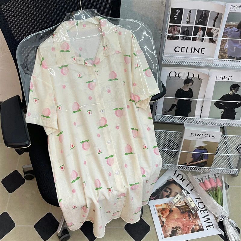 Švieži ir saldūs maži oranžiniai moteriški marškiniai naktinis sijonas animacinių filmų spausdinimas Y2k moteriški naktiniai marškiniai 2024 m. Naujas burbulinis medvilninis namas miegamasis sijonas