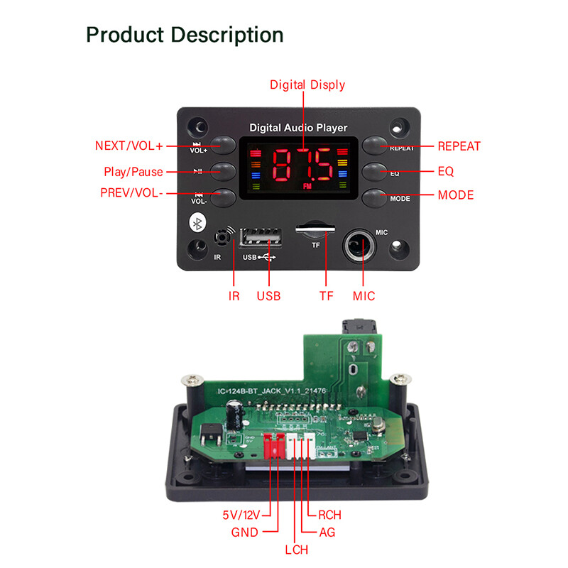 DC 5V 12V Bluetooth 5.0 MP3 WMA WAV APE dekoderio lenta laisvų rankų įranga automobilinis garso mikrofonas USB TF FM radijas Mp3 muzikos grotuvo garsiakalbis