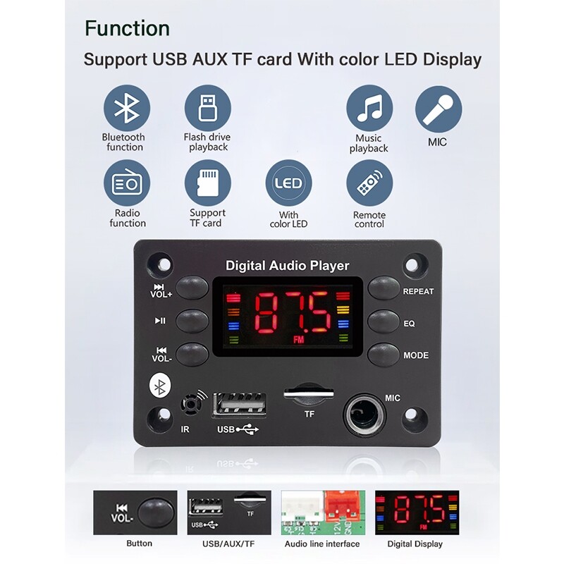 DC 5V 12V Bluetooth 5.0 MP3 WMA WAV APE dekoderio lenta laisvų rankų įranga automobilinis garso mikrofonas USB TF FM radijas Mp3 muzikos grotuvo garsiakalbis