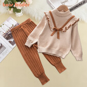 Bear Leader Baby Girls Есен Зимна мода с лък Плетени дебели комплекти дрехи Детски пуловер с дълъг ръкав Комплект панталони Бебешко облекло за момиче
