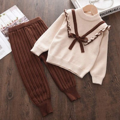 Bear Leader Baby Girls Есен Зимна мода с лък Плетени дебели комплекти дрехи Детски пуловер с дълъг ръкав Комплект панталони Бебешко облекло за момиче