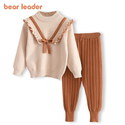Bear Leader Baby Girls Есен Зимна мода с лък Плетени дебели комплекти дрехи Детски пуловер с дълъг ръкав Комплект панталони Бебешко облекло за момиче