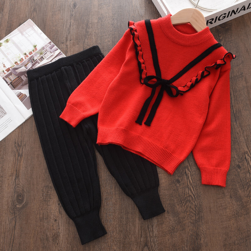 Meškiukų lyderis mergaičių rudens žiemos mados lankelis megzti stori rūbų rinkiniai vaikams ilgomis rankovėmis megztinių kelnių rinkinys mergaičių apranga