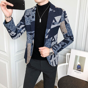 2023 Letter Print Woolen Blazer Ανδρικά Winter Men Blazer Casual Suit Jacket Slim Party Club Wedding Social Blazer Homme S-5XL