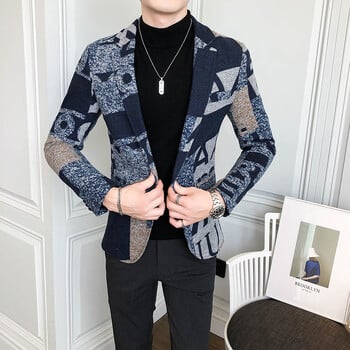 2023 Letter Print Woolen Blazer Ανδρικά Winter Men Blazer Casual Suit Jacket Slim Party Club Wedding Social Blazer Homme S-5XL