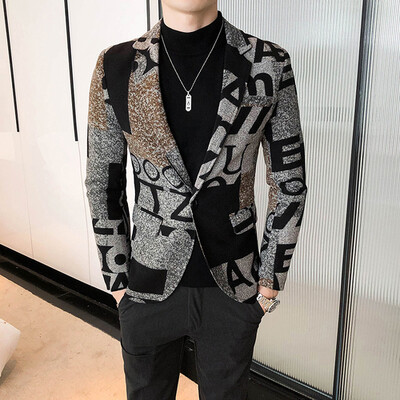 2023 Vlnené sako s potlačou písmen, pánske zimné sako, ležérne sako, úzke sako, párty, klub, svadba, spoločenské sako, pánske, veľkosť S-5XL