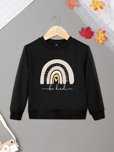 Dječji pulover duginih boja "Be Kind" s okruglim izrezom i spuštenim ramenima, gornji dio zimske/jesenske odjeće za tinejdžere, ideja za dar
