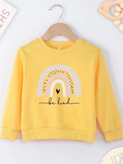 Dječji pulover duginih boja "Be Kind" s okruglim izrezom i spuštenim ramenima, gornji dio zimske/jesenske odjeće za tinejdžere, ideja za dar