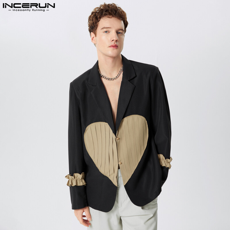 INCERUN Pánske sako s patchworkovou klopou, dlhým rukávom, skladaným gombíkom, ležérne obleky, muži, streetwear, móda, voľný čas, pánske oblečenie