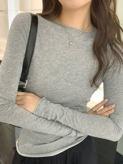 Tricou de primăvară toamnă 2024 pentru femei Topuri solide, slim, cu mânecă lungă, cu decolteu O, tricouri casual pentru femei, tricouri de bază de înaltă calitate