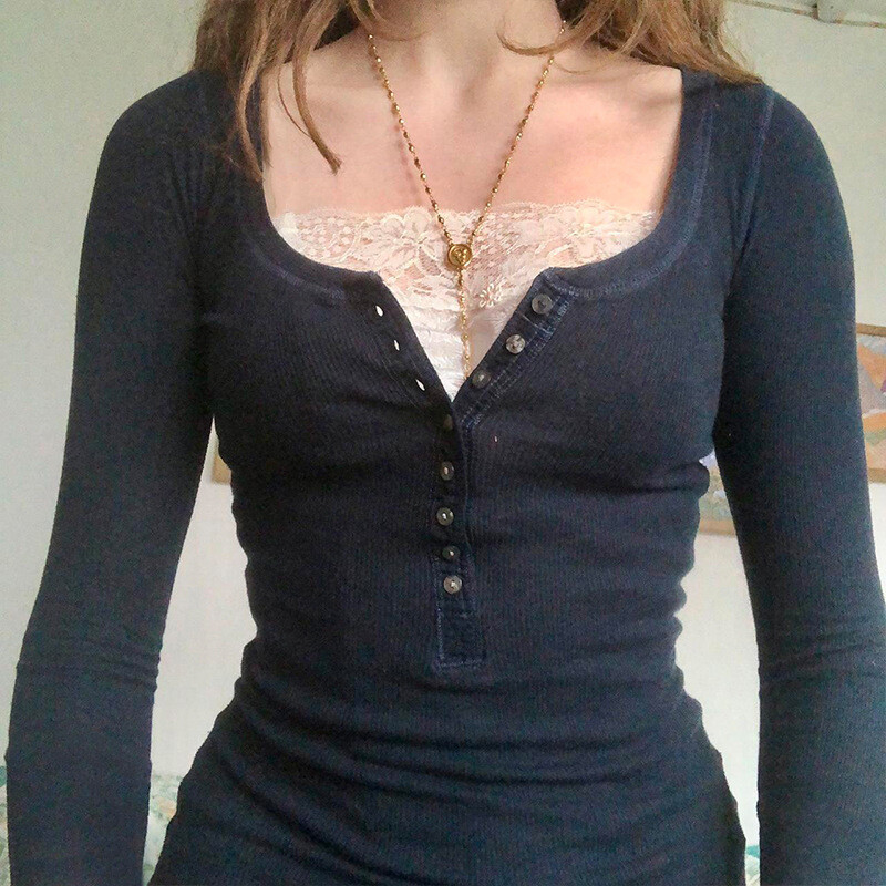 Dámske módne topy s dlhým rukávom, vintage ležérne čipkované patchworkové pulóvery s 1/2 gombíkmi, klubové jesenné streetwear, Y2k