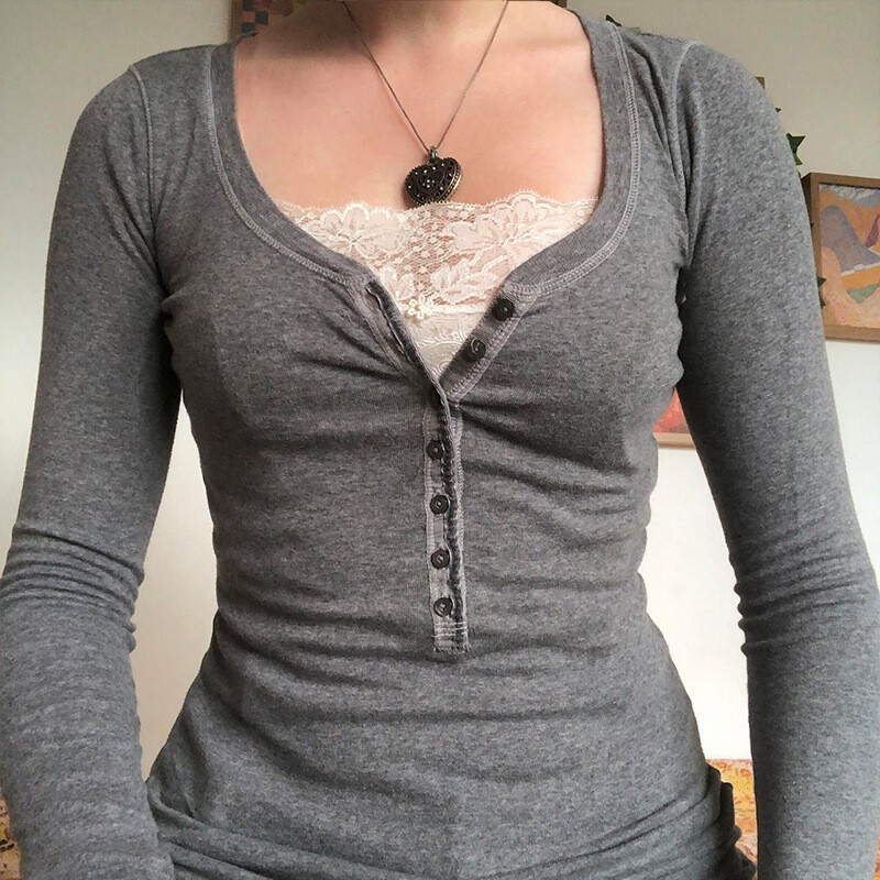 Dámske módne topy s dlhým rukávom, vintage ležérne čipkované patchworkové pulóvery s 1/2 gombíkmi, klubové jesenné streetwear, Y2k