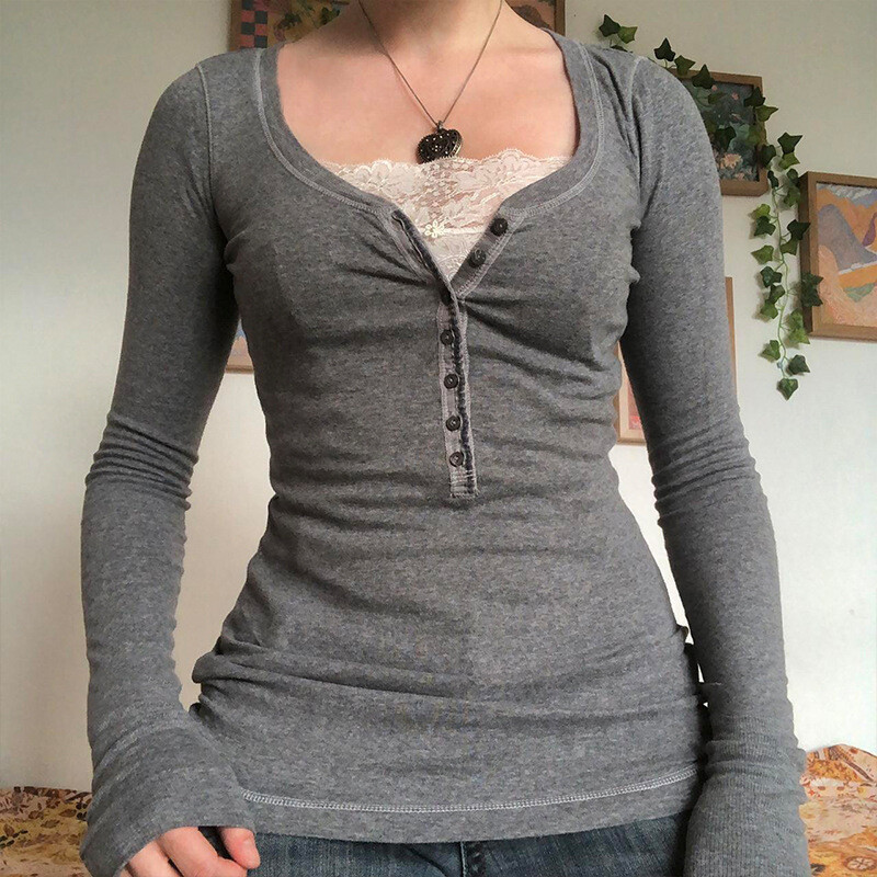 Dámske módne topy s dlhým rukávom, vintage ležérne čipkované patchworkové pulóvery s 1/2 gombíkmi, klubové jesenné streetwear, Y2k