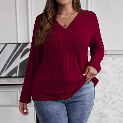 Nagy méretű 1XL-5XL női divatos pulóver pulóver felsők női keresztben egyszínű, V-nyakú, hosszú ujjú pulóver