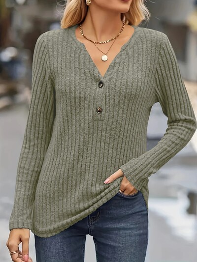 Marškinėliai su briaunomis priekyje V kaklo, kasdieniai ilgomis rankovėmis pavasariui ir rudeniui, moteriški drabužiai