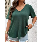 Didelio dydžio moteriški 1XL-5XL marškinėliai trumpomis rankovėmis Madingi vienspalviai trumpomis rankovėmis viršutinė moteriška laisvalaikio megzta V formos iškirptė