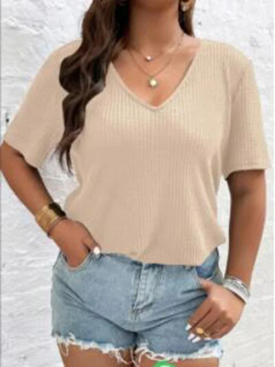 Didelio dydžio moteriški 1XL-5XL marškinėliai trumpomis rankovėmis Madingi vienspalviai trumpomis rankovėmis viršutinė moteriška laisvalaikio megzta V formos iškirptė