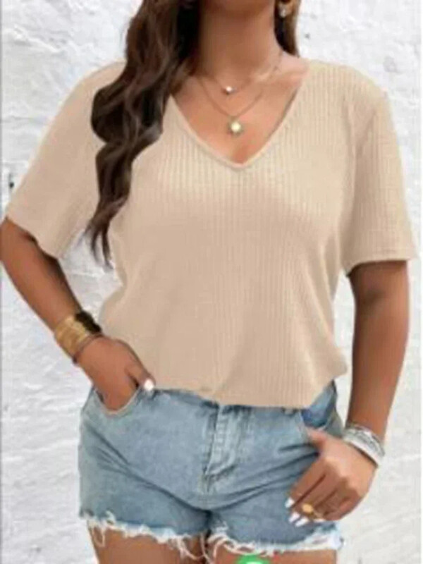 Didelio dydžio moteriški 1XL-5XL marškinėliai trumpomis rankovėmis Madingi vienspalviai trumpomis rankovėmis viršutinė moteriška laisvalaikio megzta V formos iškirptė
