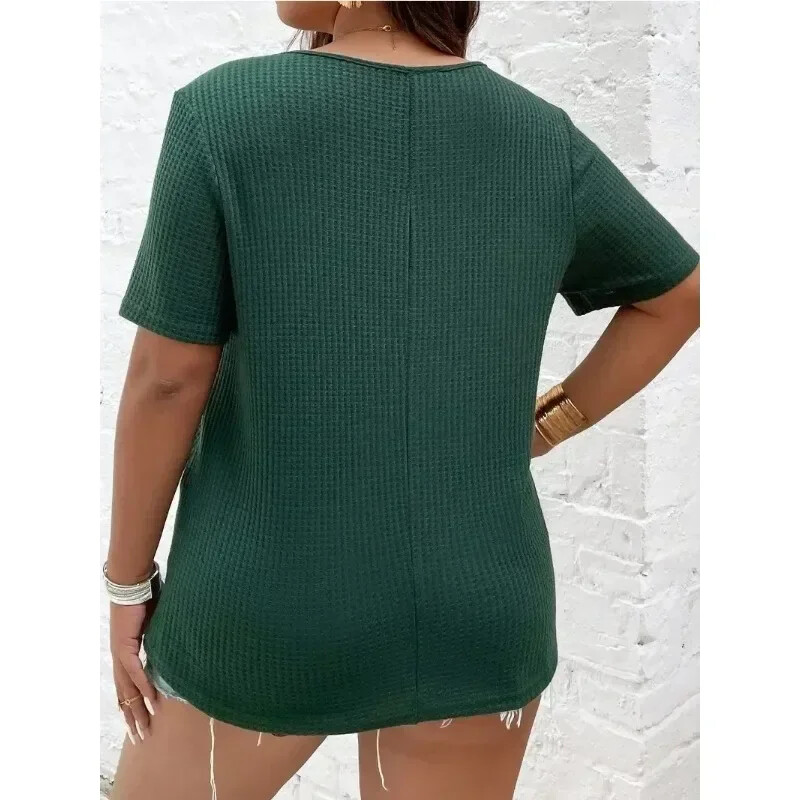 Didelio dydžio moteriški 1XL-5XL marškinėliai trumpomis rankovėmis Madingi vienspalviai trumpomis rankovėmis viršutinė moteriška laisvalaikio megzta V formos iškirptė