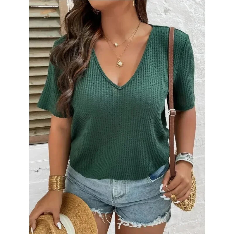 Didelio dydžio moteriški 1XL-5XL marškinėliai trumpomis rankovėmis Madingi vienspalviai trumpomis rankovėmis viršutinė moteriška laisvalaikio megzta V formos iškirptė
