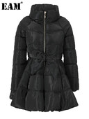 [EAM] Čierny kabát s dlhým rukávom a bavlnenou podšívkou s obväzovou mašľou, voľný strih, dámske parky, módny príliv, nový jeseň/zima 2024, 1DH5282