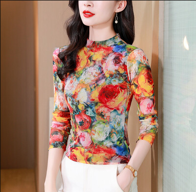 2024 őszi, téli virágmintás alsó póló Vékony, hosszú ujjú női póló Félmagas nyakú kauzális hálós felsők
