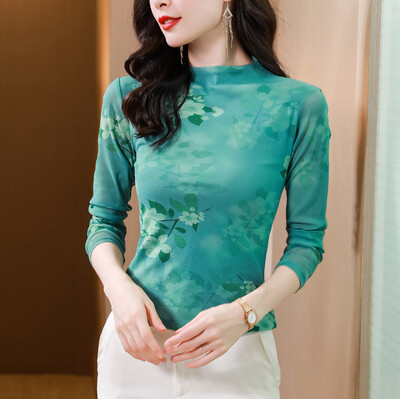 2024 őszi, téli virágmintás alsó póló Vékony, hosszú ujjú női póló Félmagas nyakú kauzális hálós felsők