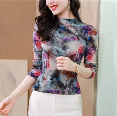 2024 őszi, téli virágmintás alsó póló Vékony, hosszú ujjú női póló Félmagas nyakú kauzális hálós felsők