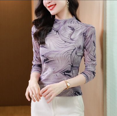 2024 őszi, téli virágmintás alsó póló Vékony, hosszú ujjú női póló Félmagas nyakú kauzális hálós felsők