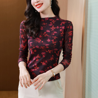 2024 őszi, téli virágmintás alsó póló Vékony, hosszú ujjú női póló Félmagas nyakú kauzális hálós felsők