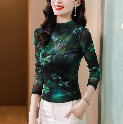 2024 őszi, téli virágmintás alsó póló Vékony, hosszú ujjú női póló Félmagas nyakú kauzális hálós felsők
