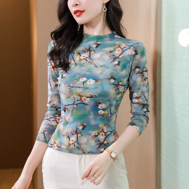 2024 őszi, téli virágmintás alsó póló Vékony, hosszú ujjú női póló Félmagas nyakú kauzális hálós felsők
