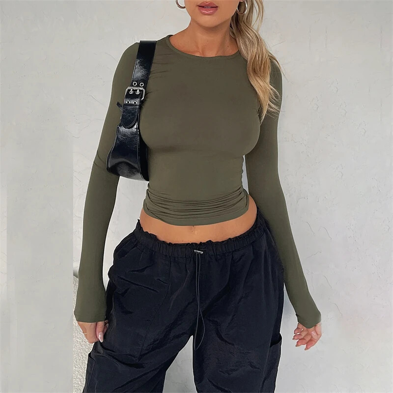 Dámske krátke topy z roku 2000, jar, jeseň, jednofarebné, okrúhly výstrih, dlhý rukáv, ležérne tričká, základné oblečenie, streetwear, Y2K