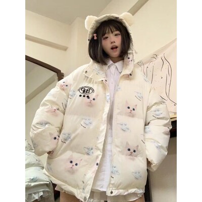 Dámske plyšové parky s kapucňou a mačacími ušami, zapínanie na gombík a zips, sladké módne prešívané kabáty na zníženie veku